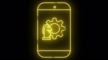 Sarı neon akıllı telefon siyah arka planda bir satranç şövalyesi ve vites çiziyor.