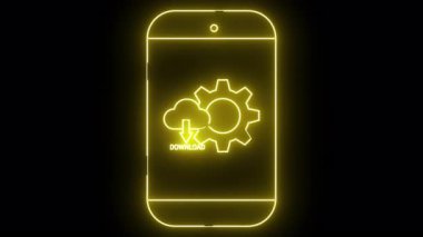 Siyah arkaplanda bulut teçhizatı ve ok sembolü indirilmiş bir telefonun sarı neonstyle çizgisi