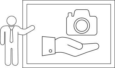 Çubuk figür sunucusu bir ekranın yanında duruyor ve bir el kamerasını gösteriyor