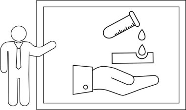 Taslak, sunucuyu test tüpünden bir ele akan sıvının diyagramının yanında tasvir eder.