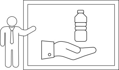 Adam elinde su şişesini beyaz tahtada sunar.