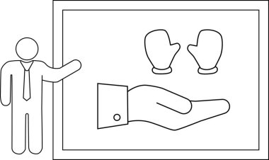 Eldivenli bir diyagram ve çerçeveli bir tahtada el çizimi sunan bir adam.