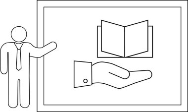 Satır Çizimi İşadamı çerçeveli bir ekran içinde bir el üzerinde dinlenen bir kitap sunar