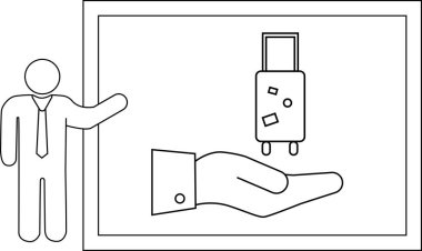 Çizgi sanatı, bavulları çerçevede bir elin üstünde sunan birini gösteriyor.