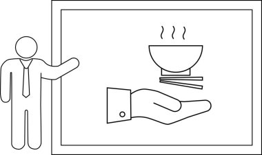 Çizgi sanatı figürü yemek masasının yanında erişte çubuğu tutan bir el buharlı kase.