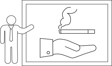 Çizgi sanatı, el sigarasının sigara karşıtı görüntüsünü ve çerçeveli bir tabela içinde yükselen dumanı tasvir eden bir adam tasvir ediyor.