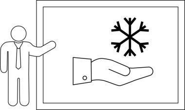 Ressamlar, çerçevelenmiş bir posterde bir kar tanesinin elinde el hareketleriyle hareket ederler.