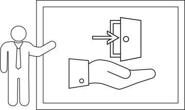 Grafiksel Kişi bir ok ile eli işaret ederek bir çerçeve içinde bir kapıya giriyor