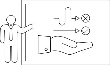 Sunum grafiği eğri ve X 'e giden düz yollar ve açık el simgesinin üzerindeki kontrol işareti