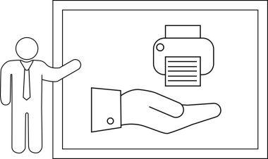 Ekran panosunun üzerinde yazıcının yanındaki yapışık sunucunun çizimi
