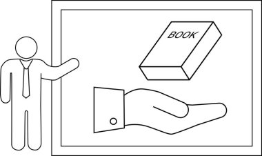 Çerçeve içinde bir elin üstündeki kitabı sunan kişi çizimi