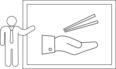 Yapışkan bir konuşmacı çerçevelenmiş bir resimde bir elin üstünde çubuklar sunar.