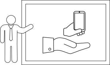 Elleri ve cep telefonu görüntüsünü gösteren çöp adam sunuculu bir beyaz tahta.