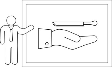 Yapışkan bir işadamı çerçevede bıçak sunan bir el çizimi sunar.