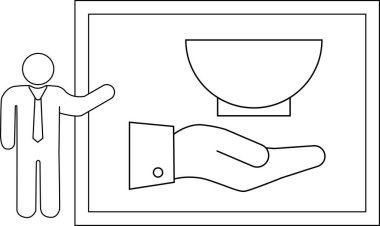 Çubuk bir figür, çerçevelenmiş bir tuvalde bir kase tutan bir eli sunar.