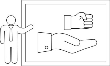 Takım elbiseli bir çöp adam bir yumruk ve avuç içini gösteren bir görüntü sunar.