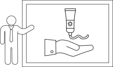 Sunucu, bir ele uygulanan güneş kremini gösteren bir diyagramın yanında duruyor.
