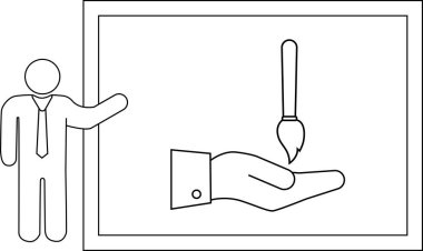 Çerçeveli bir tabloda elinde fırçayla eli kravat olan bir sunucu.