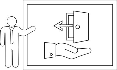 Bir sunucu, kapının altından çıkış okuyla bir eli gösteren bir slayt gösterir.