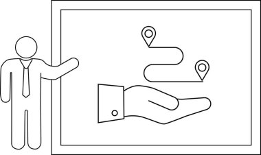 Bir kişi, haritaya benzeyen bir yüzey üzerindeki iki lobut arasında bir rota tutan bir eli gösteren bir diyagram sunar.