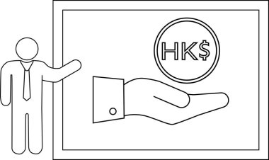 Çerçevenin içinde Hong Kong Doları 'nı tutan bir eli temsil eden bir adamın karikatürü.