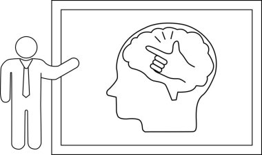 Çubuk adam, içinde beyin ve işaret olan bir beyaz tahta sunuyor.