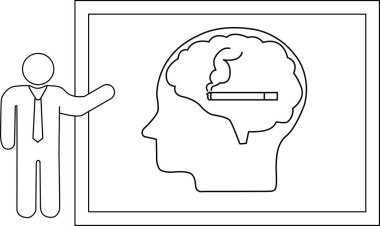 Çizgi filmci, posterde sigara içen bir beyne el kol hareketi yapıyor.
