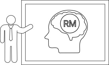 Bir resim, RM içeren bir beyin anahatlı beyaz tahtaya sunulan bir çubuk figürü betimler