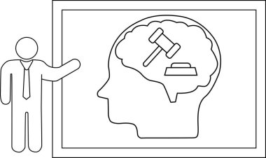 Çubuk bir figür, çerçevelenmiş bir ekranda beyninde tokmak olan bir kafa tasviri sunar.