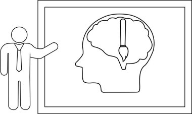 Bir insan, içinde boya fırçası olan bir beyin olan çerçeveli bir resim sunar.