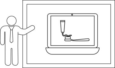Çubuk figür, diş fırçasında diş macununu gösteren çerçeveli bir dizüstü bilgisayarın yanında duruyor.