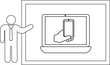 Bir dizüstü bilgisayar sunan kişi telefonu tutan bir eli gösteriyor.