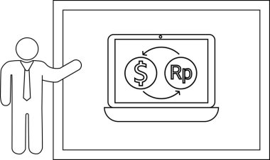 Çizgi çizen kişi laptop ekranında para değişimi sunar