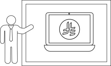 Çizim Kişi, dikdörtgen bir çerçeve içinde logo gösteren bir dizüstü bilgisayar sunar