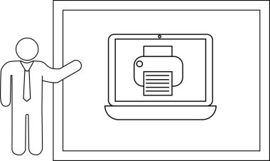 Çerçevelenmiş ekran içinde bir yazıcı simgesi olan bir ekrana işaret eden şekil