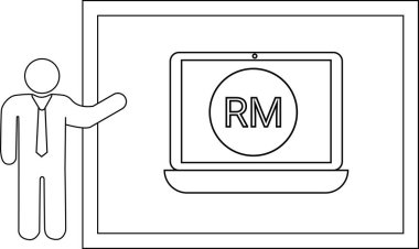 Çember içinde RM görüntüleyen bir dizüstü bilgisayarı gösteren bir çöp adam sunucusu çizer