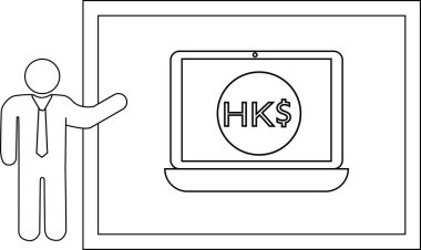 Businessperson toplantı odasında HKD para birimini gösteren bir dizüstü bilgisayar sunar