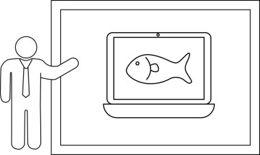 Tahtadaki balığı gösteren bir dizüstü bilgisayar sunar.