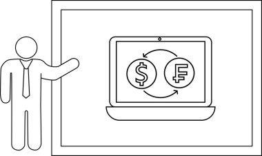 Bir sunucu para birimi dönüşümünü gösteren bir dizüstü bilgisayara doğru hareket eder