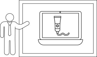 Bir figür dizüstü bilgisayara bir krem tüpü sunar.