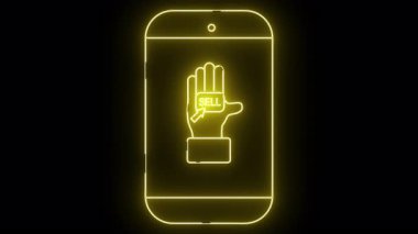 Sarı neon akıllı telefon simgesi SELL ve ekranda bir imleç içeren bir el