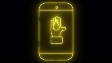 Sarı neon tabela, üzerinde bir damlacık olan bir eli gösteren bir cep telefonunu simgeliyor.