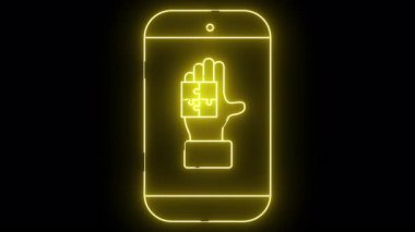 Siyah arkaplanda el çizgisi olan sarı neon telefon