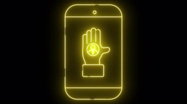 Sarı neon telefon hattı. İçinde neon bir el var. Siyah bir arkaplanda izole edilmiş bir simge görüntülüyor.