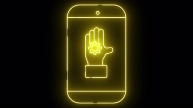 Sarı neon, siyah bir arkaplana karşı vites tutan akıllı bir telefon çiziyor.