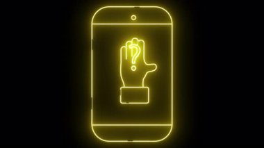 Neon ışıklı bir el ve ortada siyah bir arkaplan üzerinde soru işareti olan bir telefon.