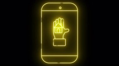 Siyah arkaplanda bir ev simgesini tutan parlak neon telefon grafiği