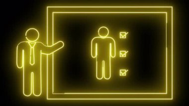 Siyah üzerinde kontrol işaretleri olan bir grafiğin yanında sunulan iki figürün sarı neonstyle ana hatları