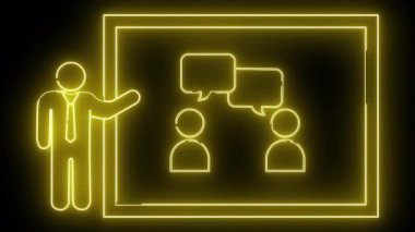 Sarı neon ana hatları bir sunucu iki katılımcı diyalog baloncukları hepsi çerçeveli