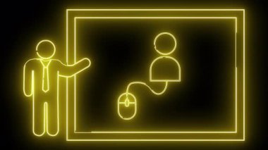 Sarı neon bir sunum sahnesini özetliyor. Bir kişi bir fareye bağlı bir ekrana işaret ediyor.